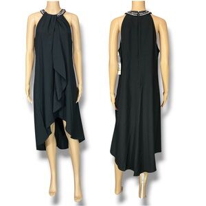 Ignite Evenings Satin Back Crepe Beaded High-Low Halter Neck Sleeveless Dress